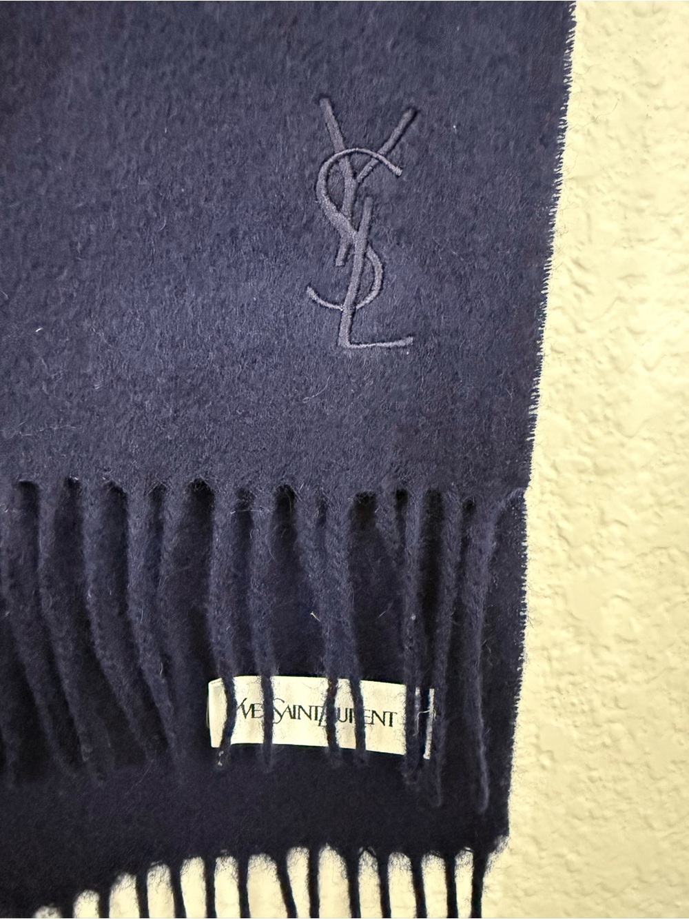 Yves Saint Laurent Navy Wool Scarf with Fringe